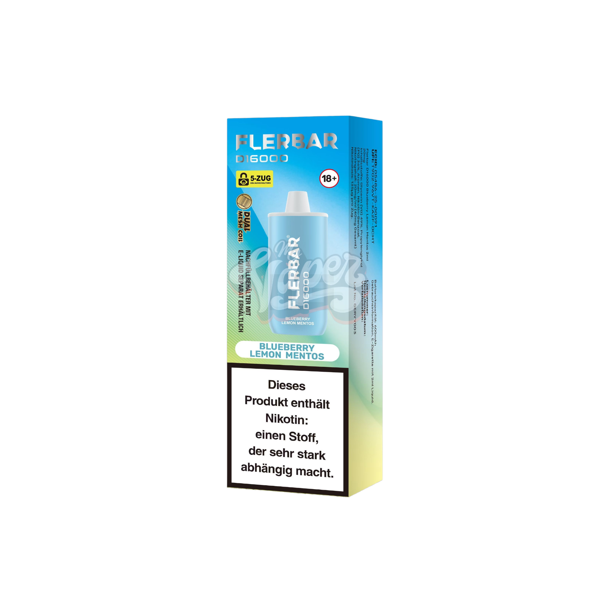 Flerbar - D16000 - 2ml - Einweg E-Zigarette - 20mg - Blueberry Lemon Mentos